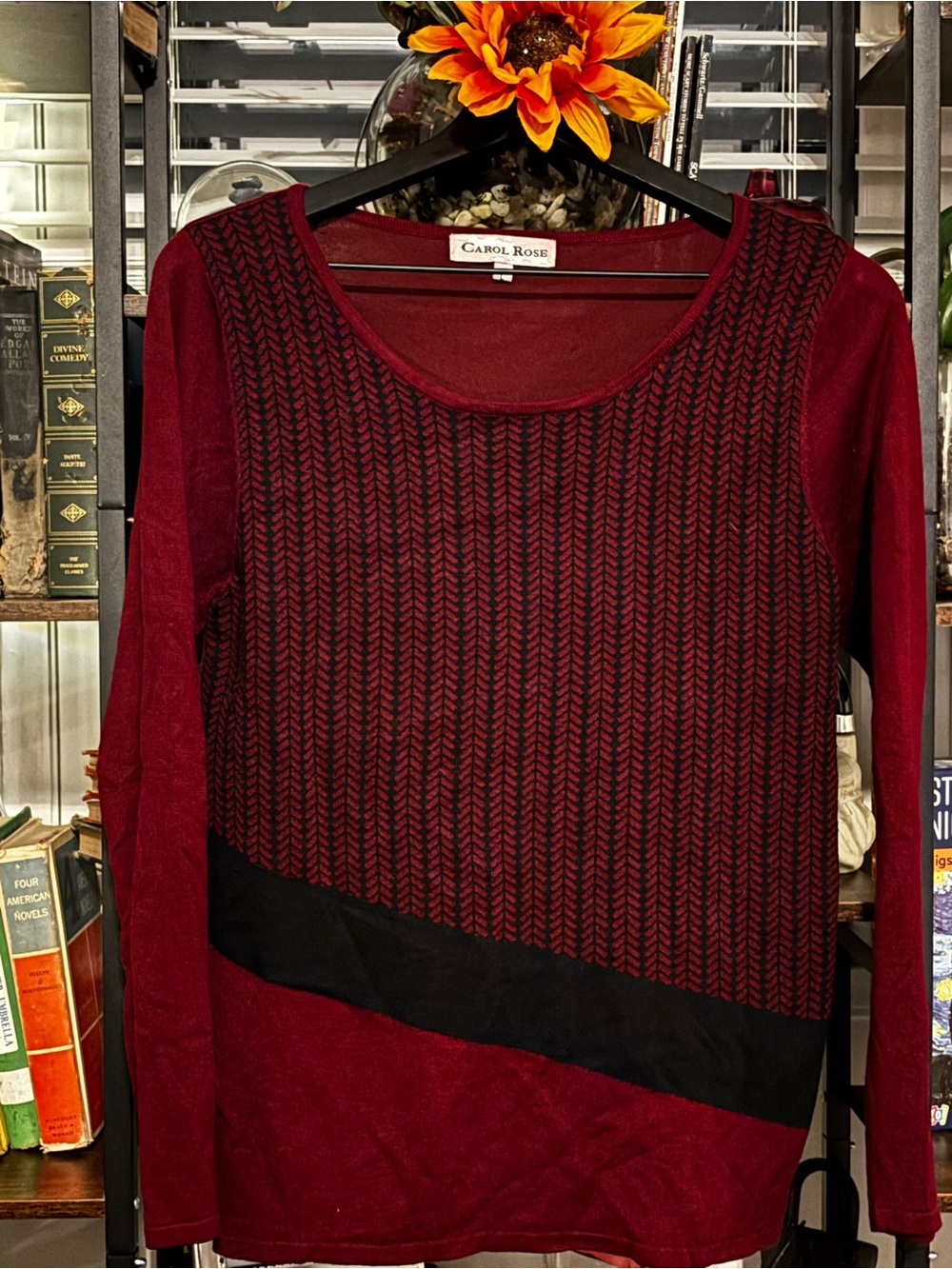 Carol Rose Burgundy and Black Scoop Neck Knit Sweater